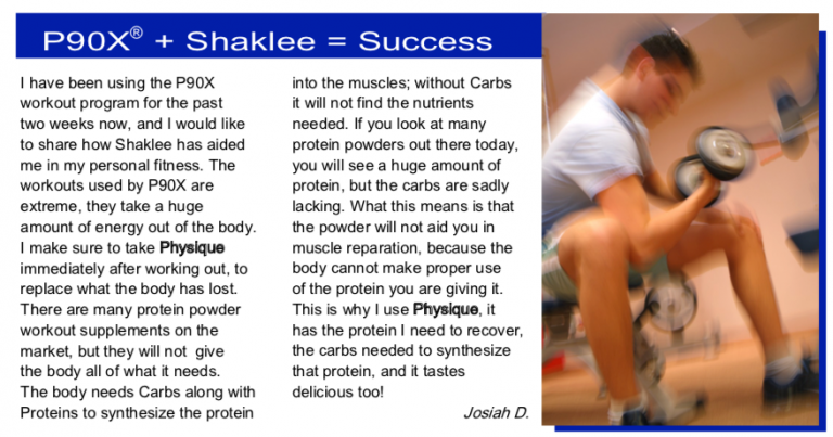 A person lifts a dumbbell while text discusses using P90X workouts with Shaklee Performance and protein supplements for improved muscle recovery and enhanced nutrition.