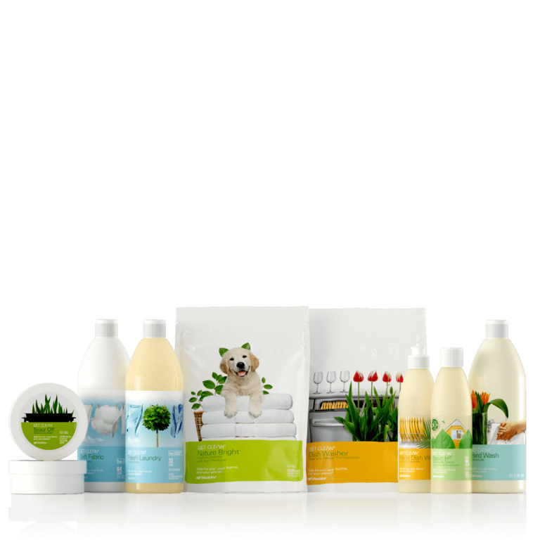 A variety of eco-friendly household cleaning and laundry products, including non-toxic cleaners that actually work, are arranged in two rows against a white background.
