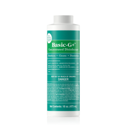 A white bottle of Basic-G+ concentrated disinfectant with a green label listing product details, directions, and safety warnings. Known for being part of the non-toxic cleaners that actually work, it offers effective sanitation without harsh chemicals. Net contents: 16 oz (473 ml).